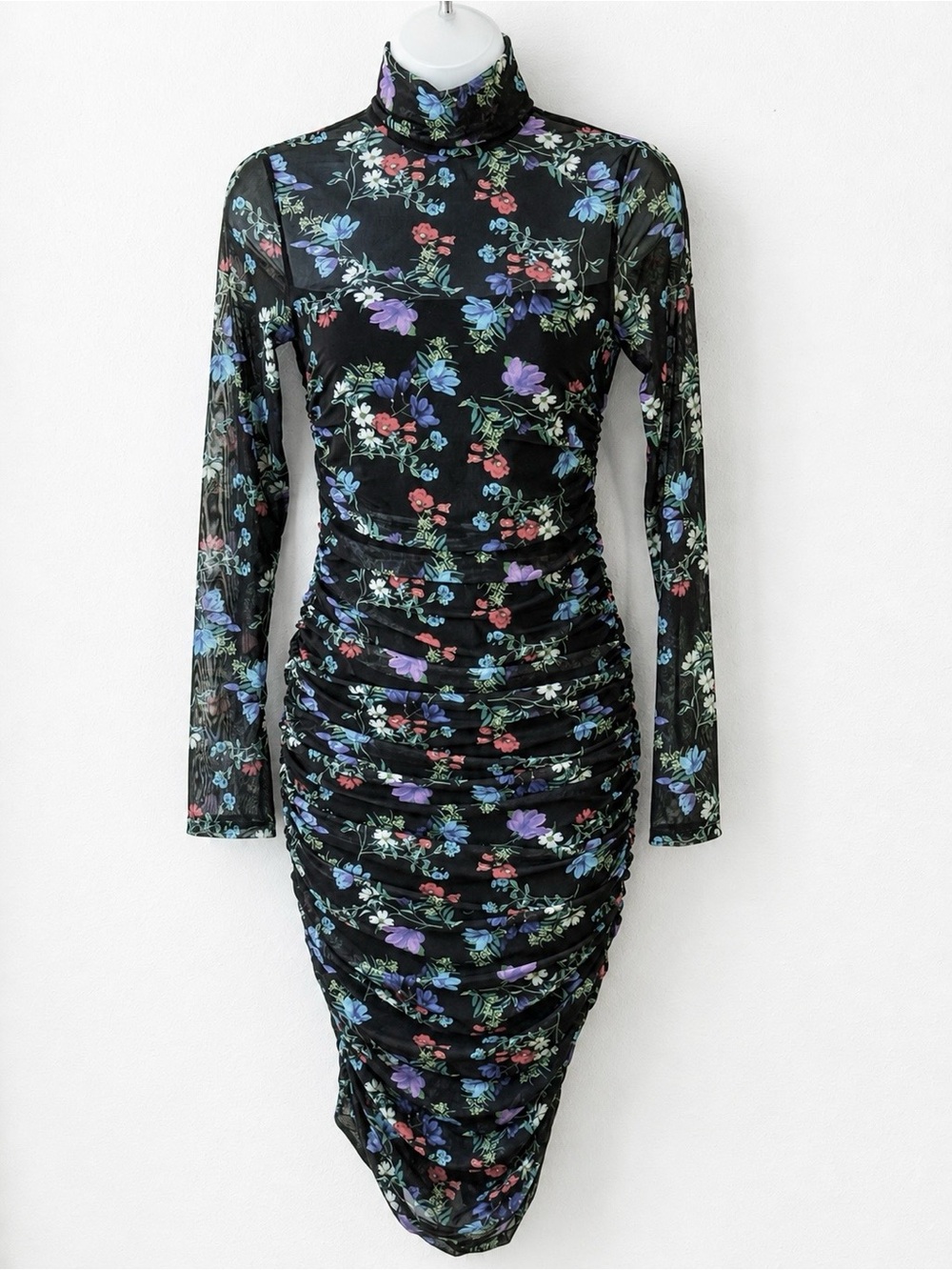 Alice + Olivia Beautiful Blooms Floral Mesh Ruched Bodycon Dress Size 2 NWT
